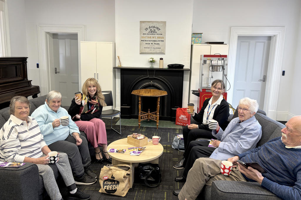Susan Bilson, Leonie Bugg, Hindmarsh Shire Council's Stephanie Lynch and Tracey Morphett, Kneller Lehmann and Wolfram Kimmel at last week's Cuppa Connections session in Dimboola.