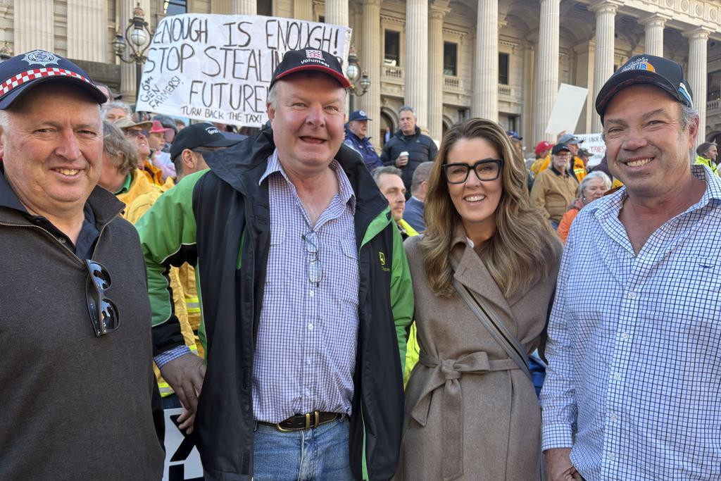 Peter Knight, Ross Johns, Peta Credlin and Jason Mellings at the rally on the steps of parliament opposing the new ESVF on May 20.