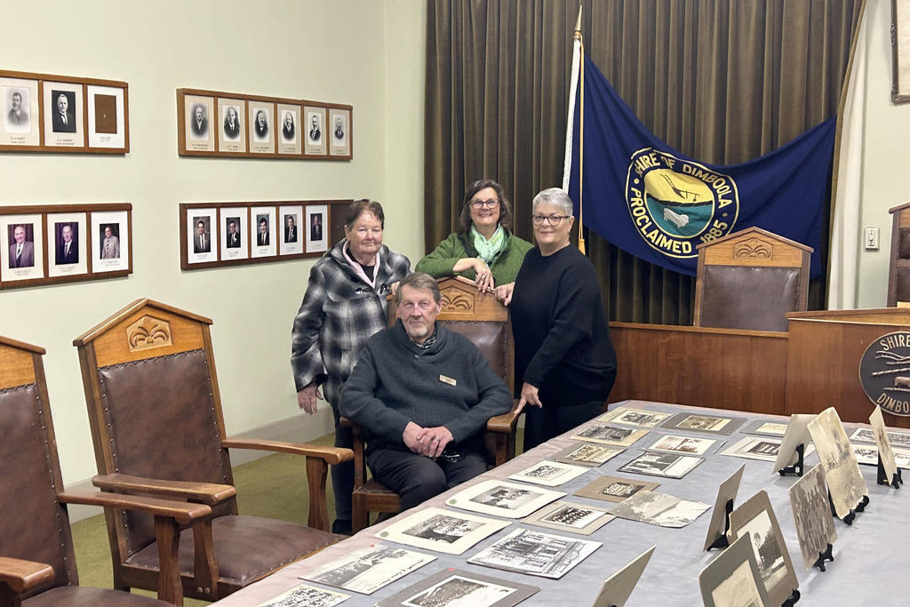 Jeparit and District Historical Society president Wendy Zanker (standing, left) and Historical Society supporters Gaye Golder, Debra Schumann, and Craige Proctor during the hall's centenary celebrations on June 6.
