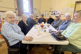 Shirley Flack, Kate Hutson, Ernie Flack, John, Susan Pearse, David Burns, Lonny Pendlelton and Joy Sipthorpe having a fun time during the morning tea.