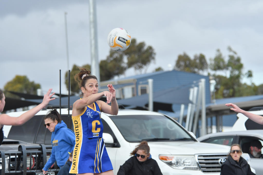 Natimuk's Danielle Hanson flings a pass.