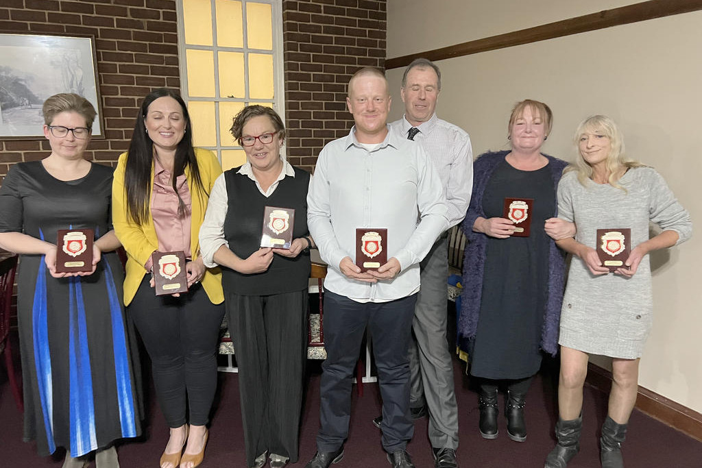 From left: Mel Hawkes, Emma Clark, Naomi Voigt, Sam Boutcher, mayor Ian Ross, Felicity and Teri with their awards.