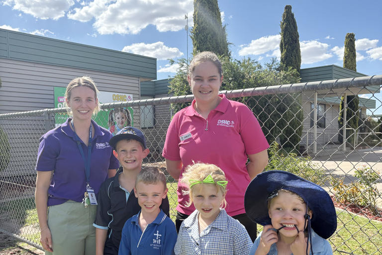 OSHC co-ordinator Taylor Darrington and OSHC educator Charlotte Dickinson with some of the OSHC kids: Austin, Xavier, Harper and George.
