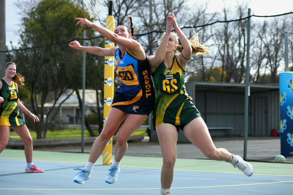 Nhill's Shae-Lee Fisher (left) and Dimboola's Nicole Polycarpou put their bodies on the line during their round 13 clash. Picture by JENNI BRAND