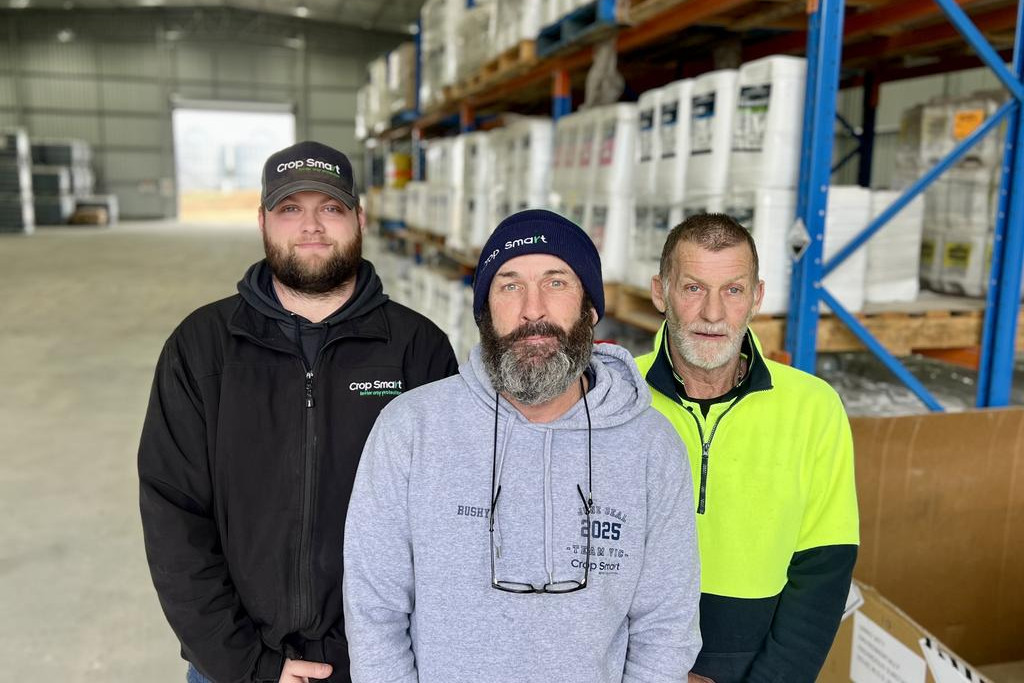 Crop Smart Hopetoun staff members, Travis Salmon (storeman), Rick Johnston (branch manager) and Darryl Hofamaier (storeman), welcoming the local farmers at their new premises.