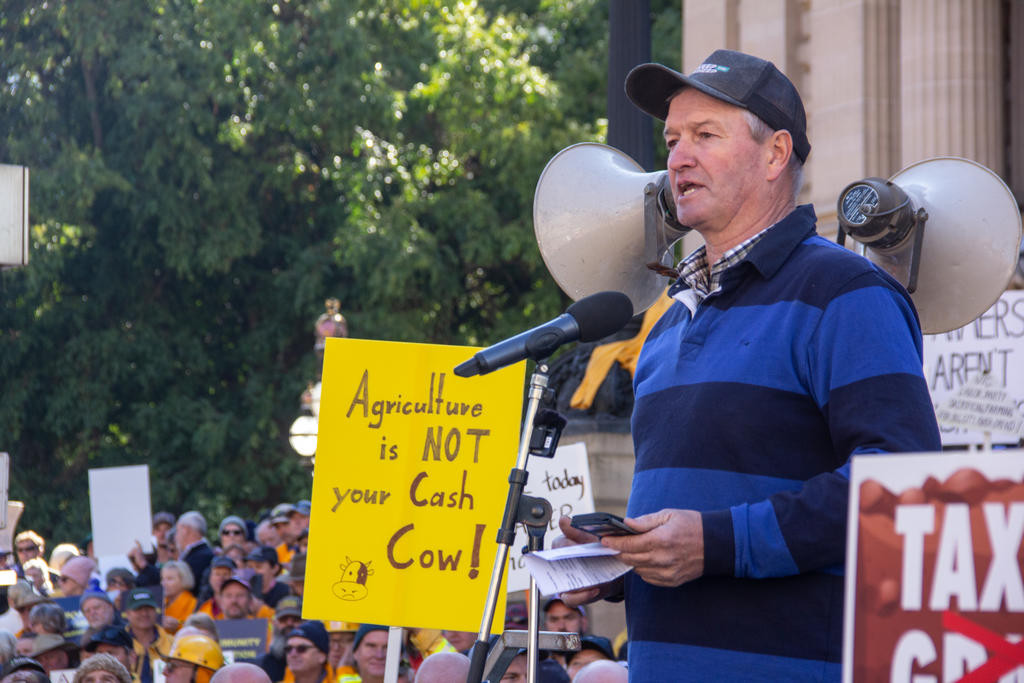 Wimmera Mallee Environmental and Agricultural Protection Association (WMEAP) key member Andrew Weiderman on the steps of Parliament House in May protestimg the Emergency Services Volunteer Fund. Picture: MARK RABICH