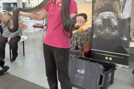 Camille shows her bond with Ace the Olive Python.