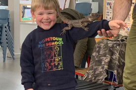 Bentley gets the giggles while letting Frillecia the Frilled-neck lizard climb on his arm.