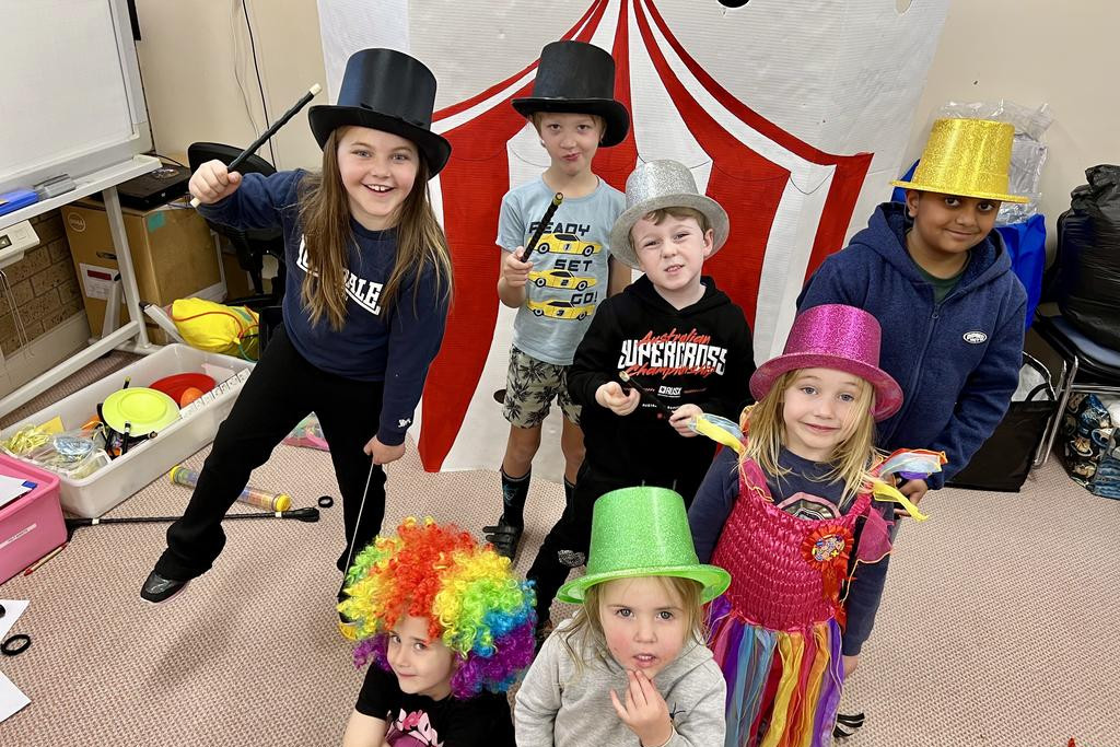 Hopetoun locals Miah, Ralph, Hunter, Diyon, Darcy, Zahra, and Elsie are pictured at the end of the activity during the Yarraiambiack Shire's winter school holiday Circus story time and activities.