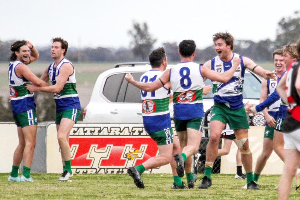 Kaniva Leeor United players celebrate their come-from behind one-point win against Noradjuha Quantong.