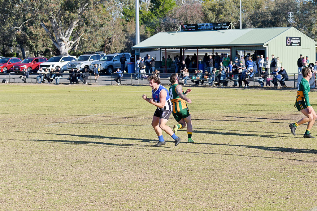Minyip Murtoa's Cooper Anderson shows his delight after snapping a quick goal against Dimboola.