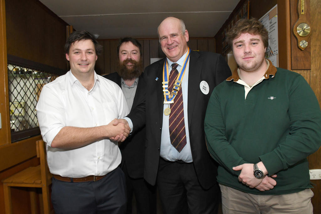 Warracknabeal Apex Club members, (from left) Kael Zanker, Rob Kirk and (right) Harry Butcher, congratulate local Rotary club president, David Drage on the beginning of his new role for 2025/26. Photo: DAVID WARD