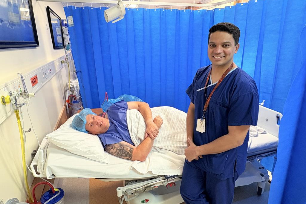 Dr Jacob with patient Mathew Jenkins at the Stawell theatre.