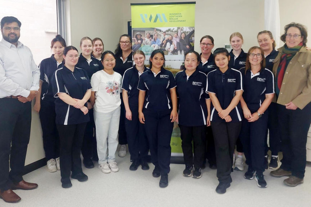 Binesh Tholath from Wimmera Southern Mallee Development with Federation University students and staff member Fiona Carine.