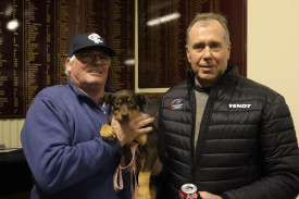 New owner of auctioned Kelpie Pup at the Natimuk Field and Game Charity Day for MND with Horsham Rural City Council mayor Ian Ross.