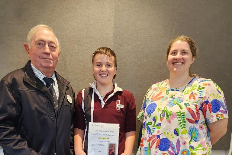 Hopetoun student Darcy Milburn with his certificate for second place in the Wimmera Legacy Junior Public Speaking Competition 2025. Past Wimmera Legacy President Alan Malcolm and teach Jess O'Loughllen