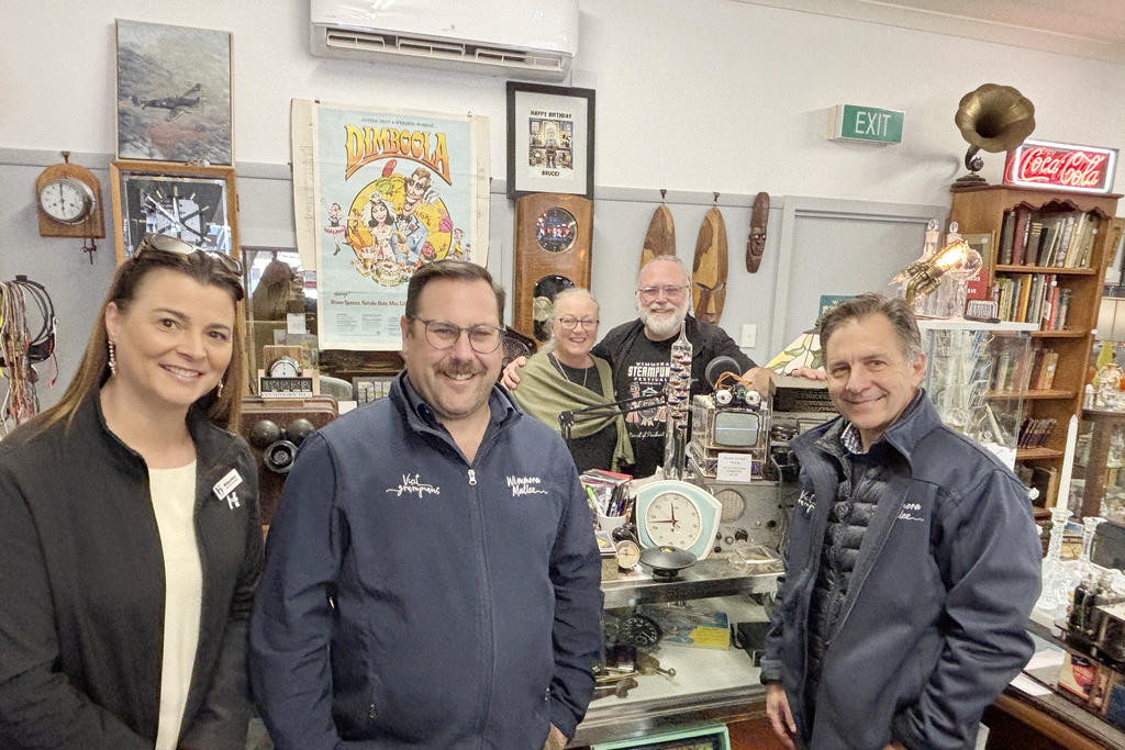 Hindmarsh Shire Council CEO Monica Revell, Grampians Wimmera Mallee Tourism's Ian Gumela and CEO Marc Sleeman with Dimboola Vintage owners Jo and Bruce Donnelly.