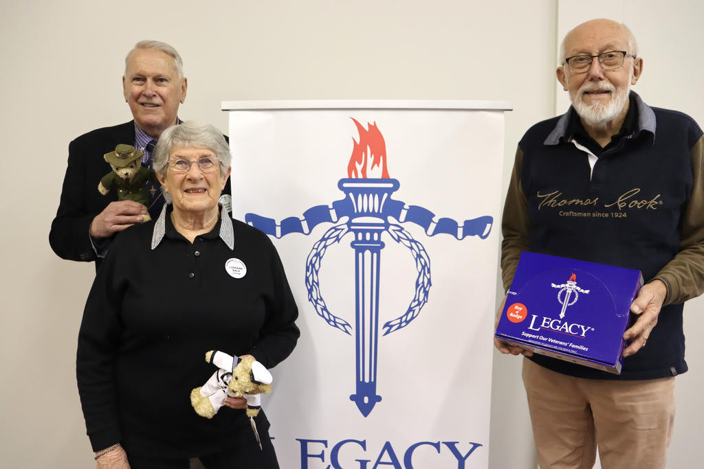 During Legacy Badge Week, from August 31 to September 6, Wimmera Legatees, including president Phillip Nicks, secretary Lorraine Bald, and Neville Smith, will be selling badges, pens, and teddy bears dressed in Armed Forces uniforms.