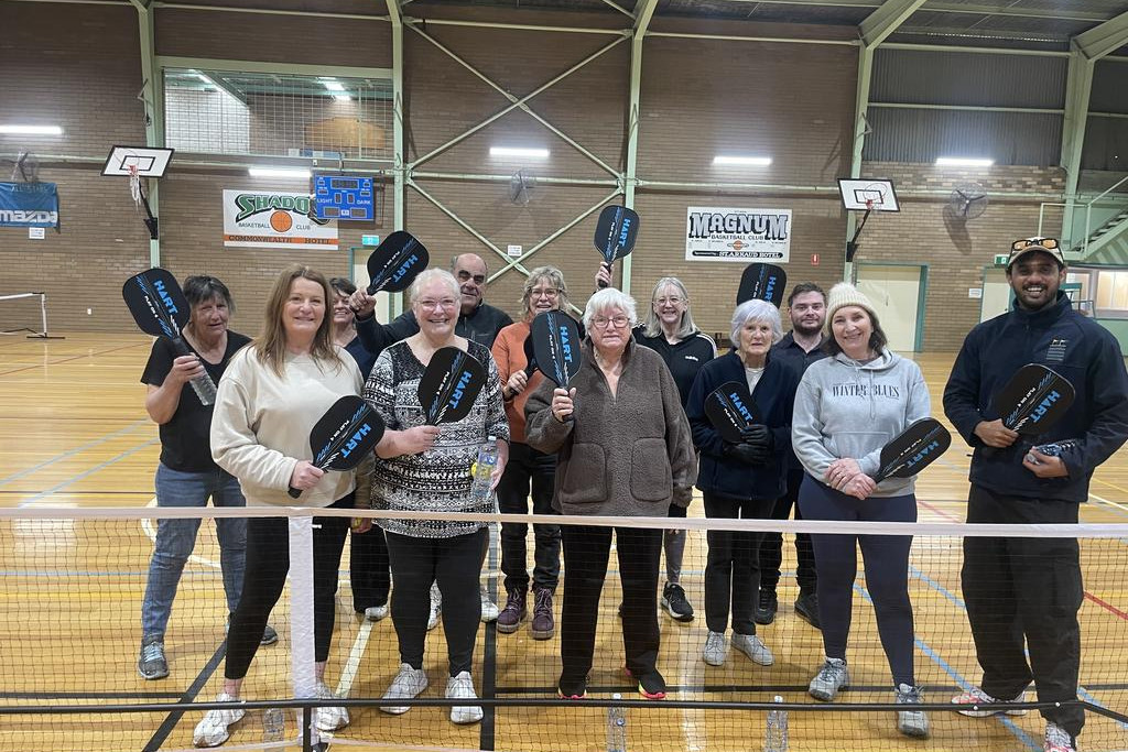 Enjoying the first Rock Up to Pickleball event at St Arnaud are (back) Linda, Tracey, Terence, Jane, Lisa and Caleb; and (front) Kim, Sheryl, Marie, Rose, Lea and V.