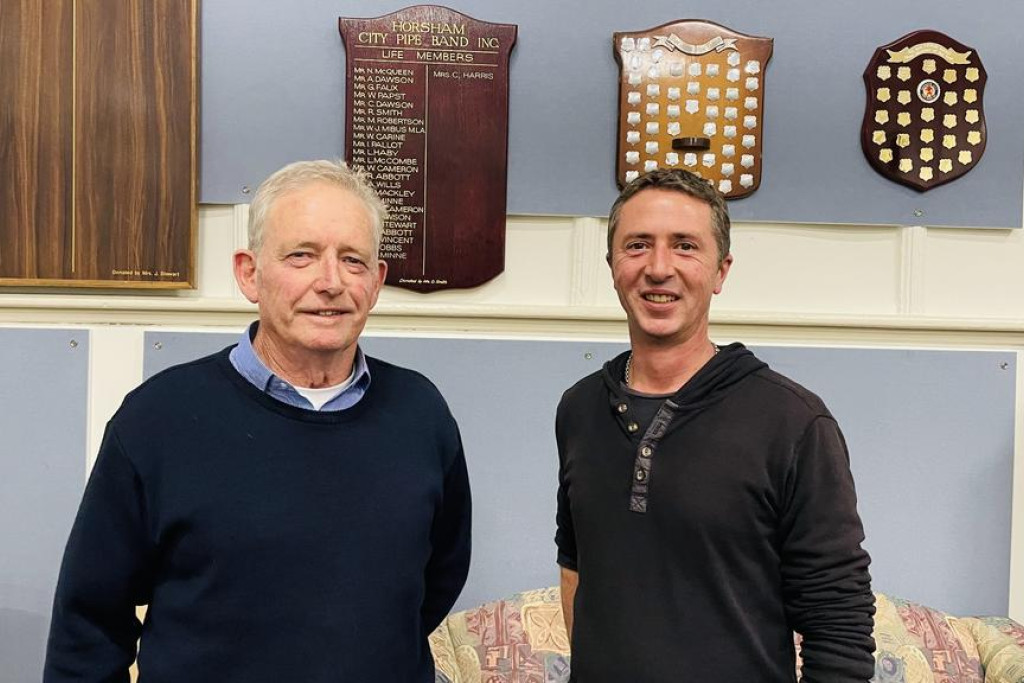 At a recent club meeting, Horsham Rural City Pipe Band members Gordon McKenry and Michael Stewart were honoured for their decades of dedication.