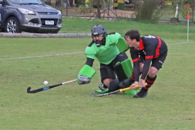 Horsham’s Tom Batchelor gets off a shot during the penalty shootout before Kaniva goalkeeper Thomas Ady can block.