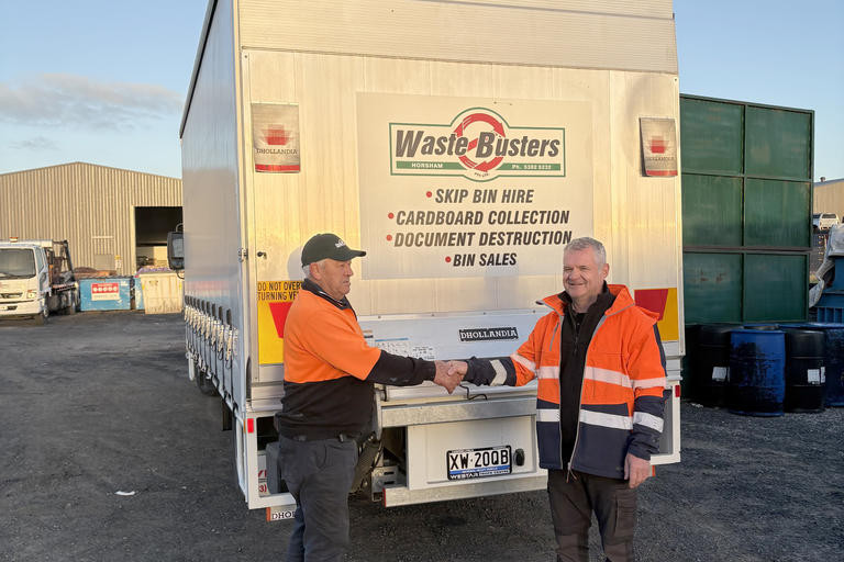 Horsham-based business Waste Busters owner Mick Morris farewells a valuable employee of four decades Bob Jennings (left) with high praise for a job very well done.