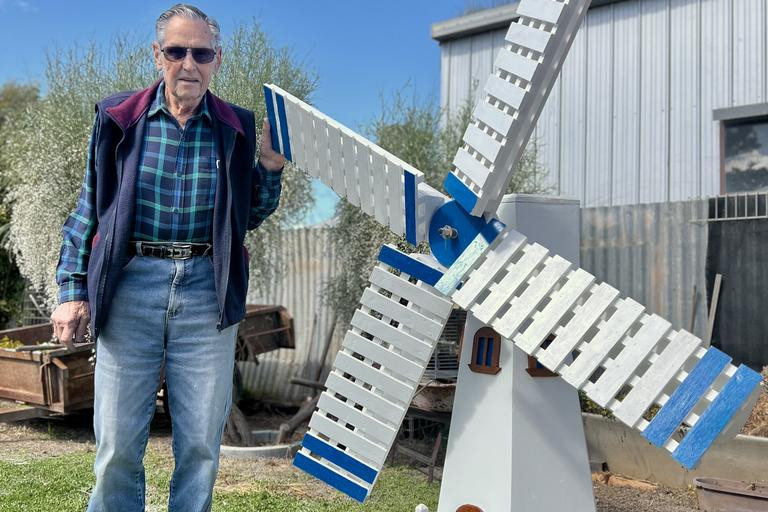 At 92, Hopetoun's Wilf Webster stands proudly with the windmill he created from scratch. Inspired by a picture of it, which he found online, Mr Webster spent a few weeks building the decorative piece in his own shed, proving age is no barrier to creativity and craftsmanship.