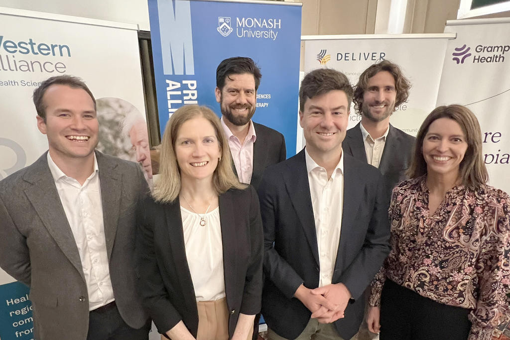 (From left) Stuart Squire executive director of the Grampians Local Health Service Network, Dr Kate Huggins Associate Professor, Institute for Health Transformation, Deakin University and program director of DELIVER research program, Professor Terry Haines head of School of Primary and Allied Health Care Monash University, Hon Sam Rae MP minister for aged care and seniors, Drew Aras executive director of Western Alliance, Narelle Ryan senior project lead residential in Reach Redesign project, Grampians Local Health Service Network.