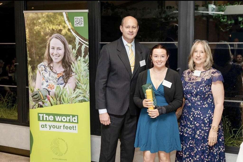 Yaapeet's Alanna Hansford received a global scholarship for sustainability in Agriculture from BBM Global Footprints. Pictured with the chairman of the board, Marco Colli (left) and Suellen McCaffrey (right).