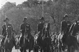 On Anzac Day 1965 four horsemen – all Gallipoli Light Horse veterans – led the parade of 32,000 ex-servicemen through Melbourne in the 50th anniversary Anzac Parade. Pictured are Sergeant WV Scott (68), Colonel Sir Wilfred Kent Hughes MP (69), Major G Hanson (74) and Colonel Rex Hall (70).