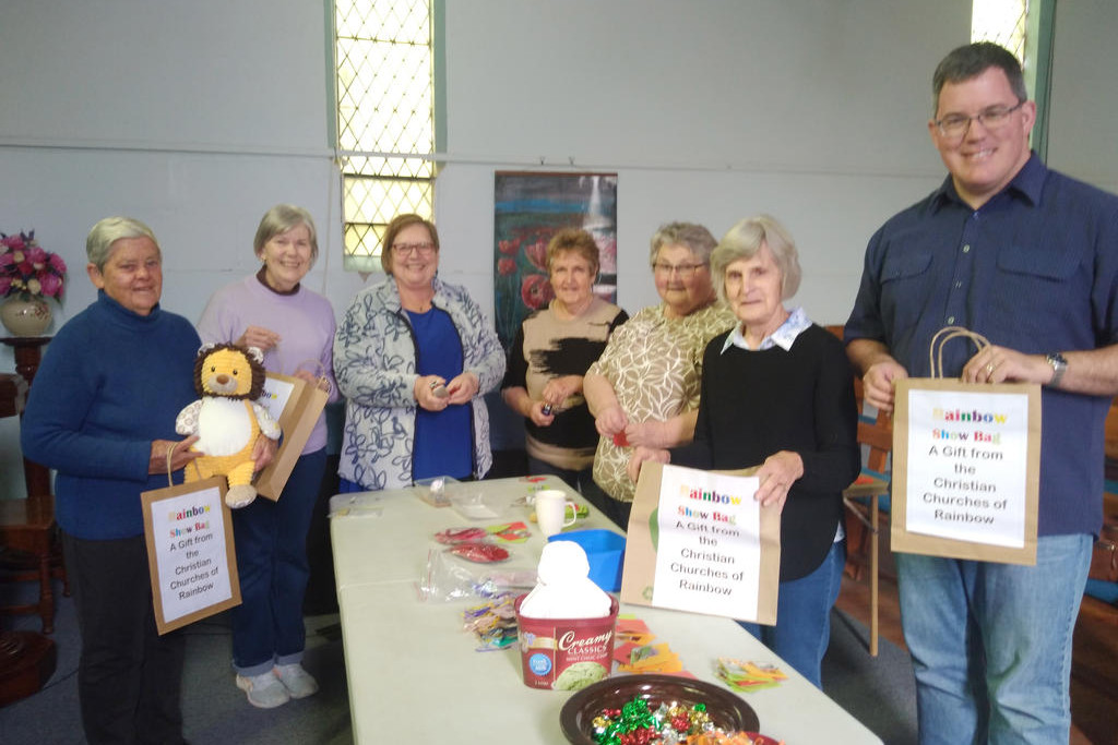 Representing local churches, Margaret Mellington, Pam Clugston, Elaine Nitschke, Joan Harmer, Joy McLean, and Pastor Lucas Matuschka pictured during the preparations of Rainbow Show this year.