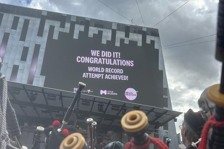 The moment the pipers learned their attempt had made it into the Guinness World Records books.