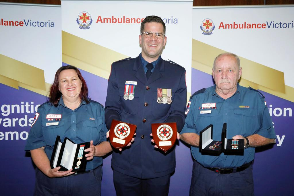 Celebrating 20 years of helping the Jeparit community with medical emergency responses were locals, Alicia (left) and Chris Rosewall (right), recently acknowledged by Ambulance Victoria chief executive, Jordan Emery.
