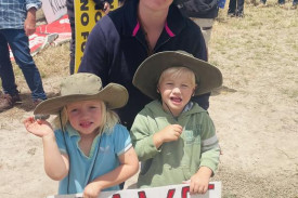 Marcia McIntyre with Adel and Nathan Duxson attended the Duxson farm gate protest against land access rights by VicGrid and the WNI-West transmission line planned to cross farmland