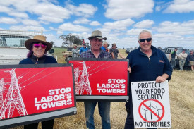Leanne Page, Doug Page from Marnoo with Doug Joyce from Tatyoon who attended the Duxson’s farm gate protest against VicGrid