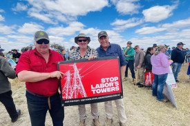 David Brennan from Donald, Phil Reading from Wallaloo and Phil Lang also from Wallaloo attended the Duxson’s farm gate protest against the VNI-West transmission line