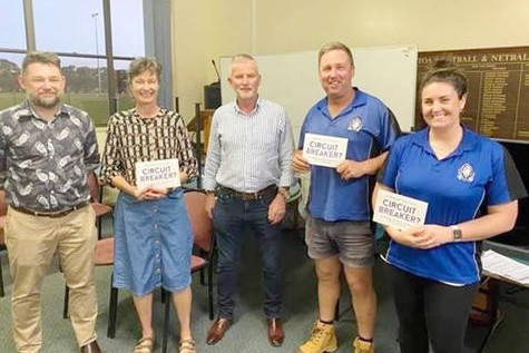 CREATING CHANGE: (l-r) Luke Baker, Melissa Morris and Greg Currie from Women's Health Grampians with Minyip-Murtoa club members Scott Arnold and Laura Schuckar after completing Active Bystander Training. Photo: Contributed.