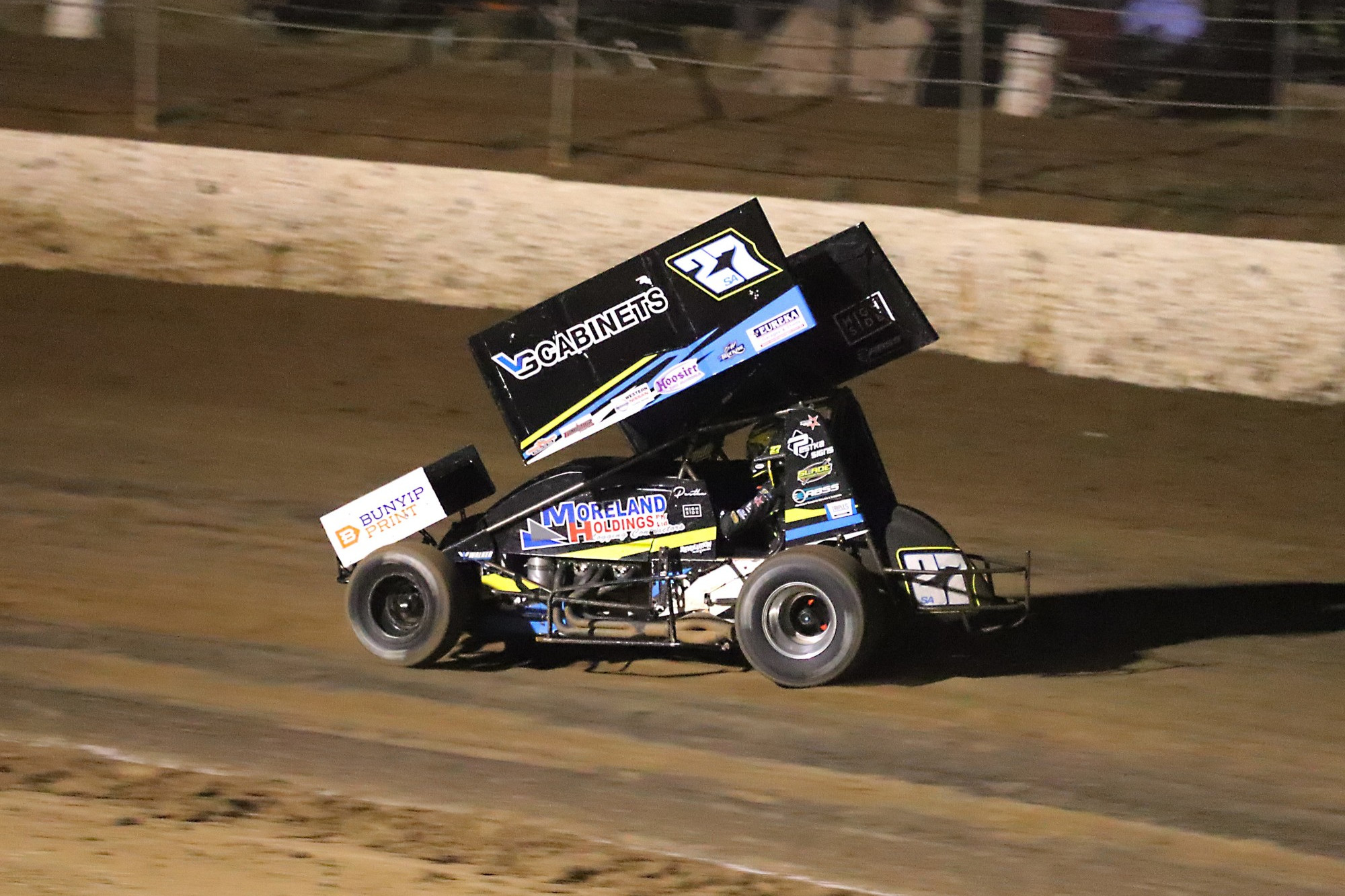RACE: South Australian driver Daniel Pestka wins the Sprint Cars in car 27. Photo: JACKIE PEACOCK, JP CREATIVE.