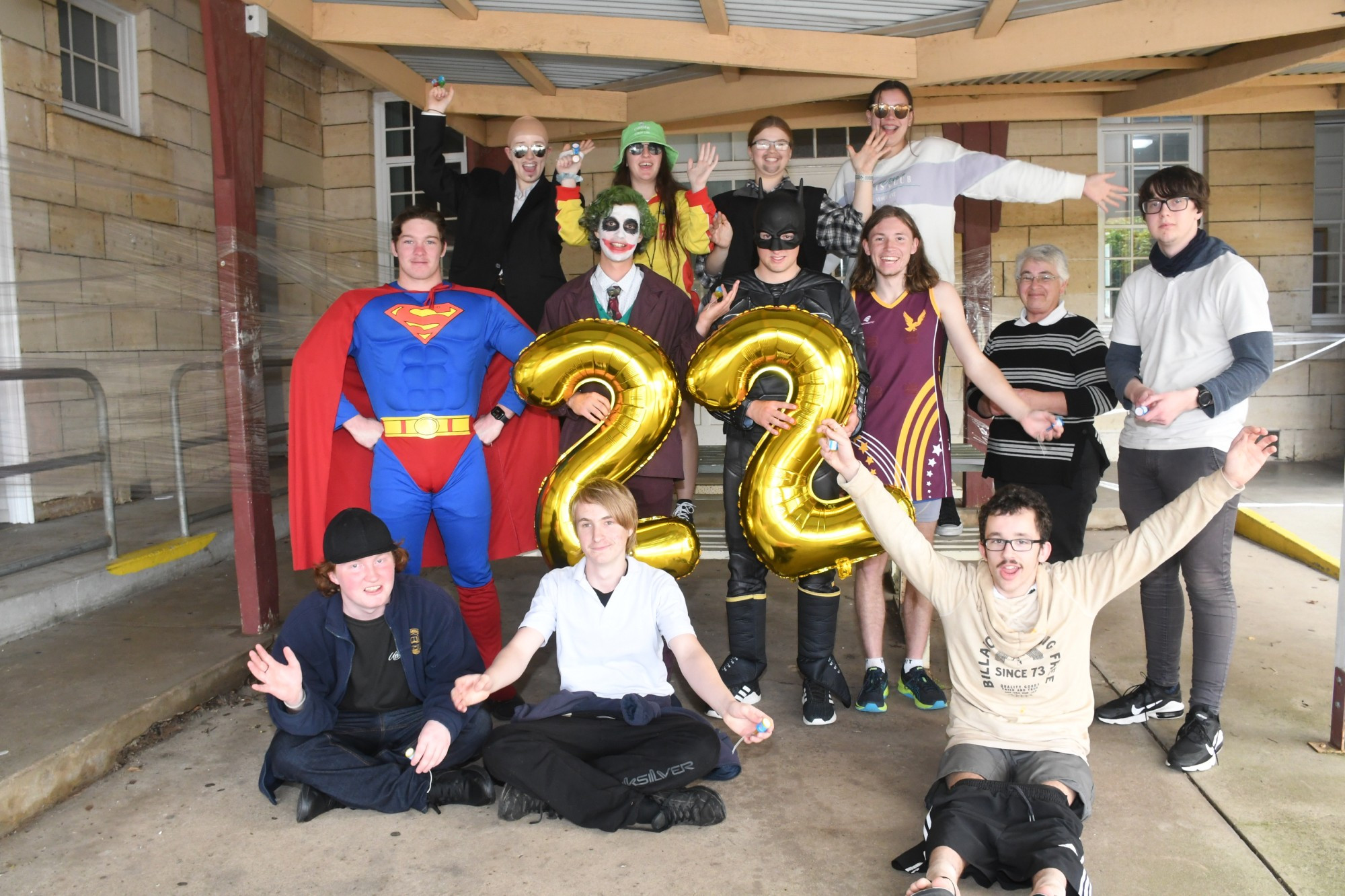 TOODALOO 2022: Warracknabeal Secondary College Year 12s, (L to R, back row) Rhiana Keys, Bella Powell, Jaslyn Jonasson, Keeta Orszulak (middle row) Dylan Watts, Josiah Keam, Jed Koschitzke, Kehan Jonasson, acting principal Casey Phelan, Brodie Andison, (front row) Branden Hutchisen, Ethan Vanderwerf and Luke Thompson celebrate the end of the year. Photo: DAVID WARD