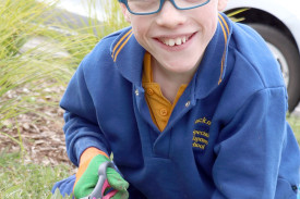 Finley ensures the plants are looking neat and tidy.