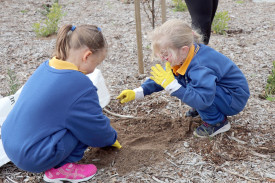 Lilly and Rileigh make handprints in the soft dirt