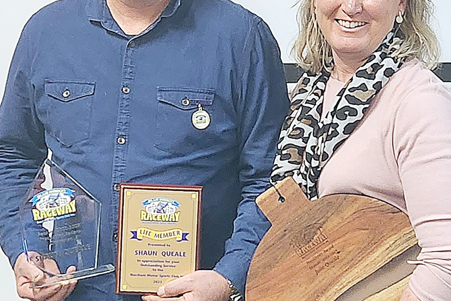 Shaun Queale, with his wife Julie, after receiving his Life Membership and Production Sedans Champion award. Julie was awarded the Club Presidents award jointly with Nigel Quick.ale.