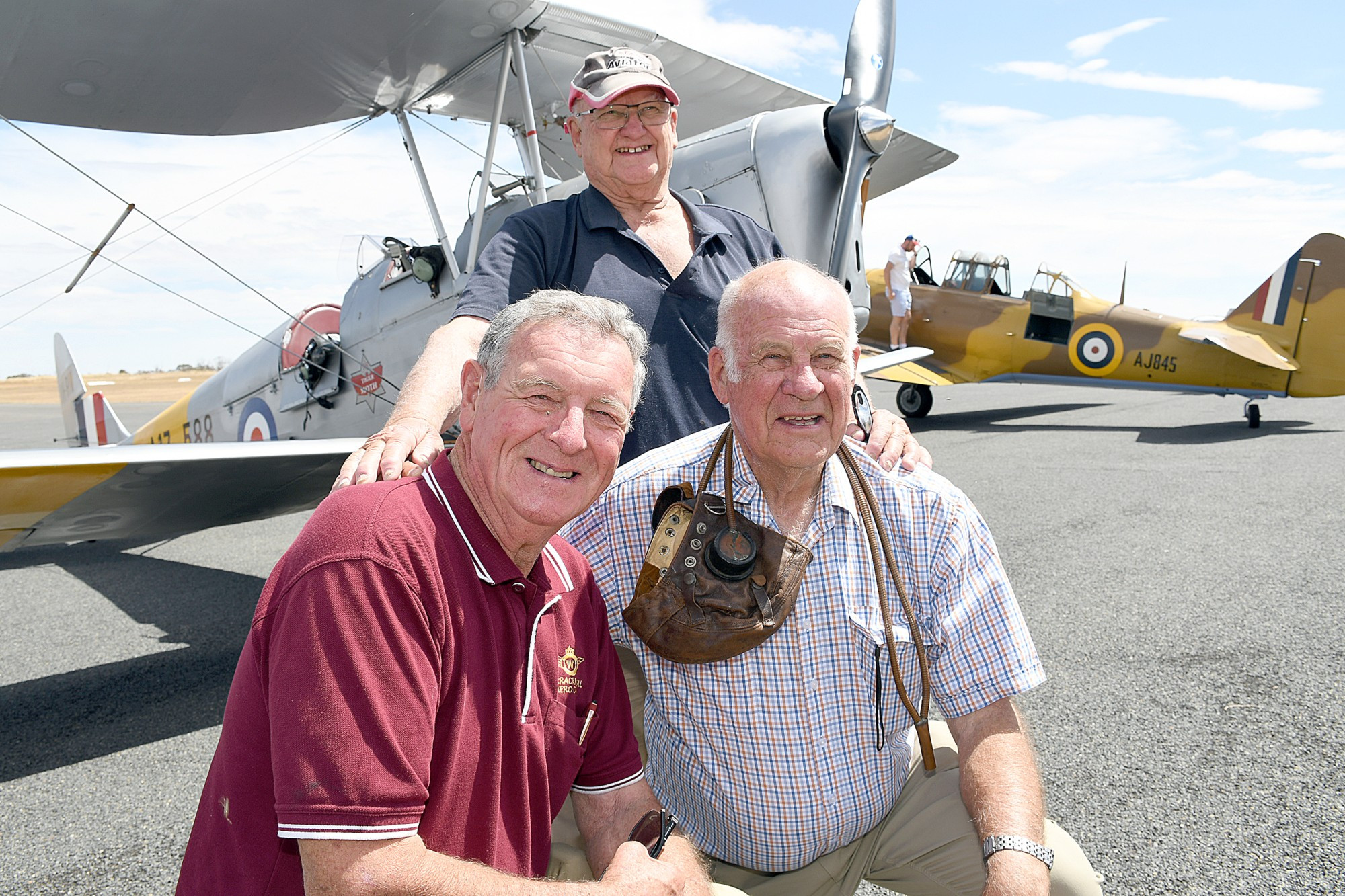John Thompson and Clem Quick learned to fly in a Tiger Moth 64 years ago alongside Graham Drage (right), and returned to Warracknabeal last weekend to celebrate Mr Drage’s 80th birthday.