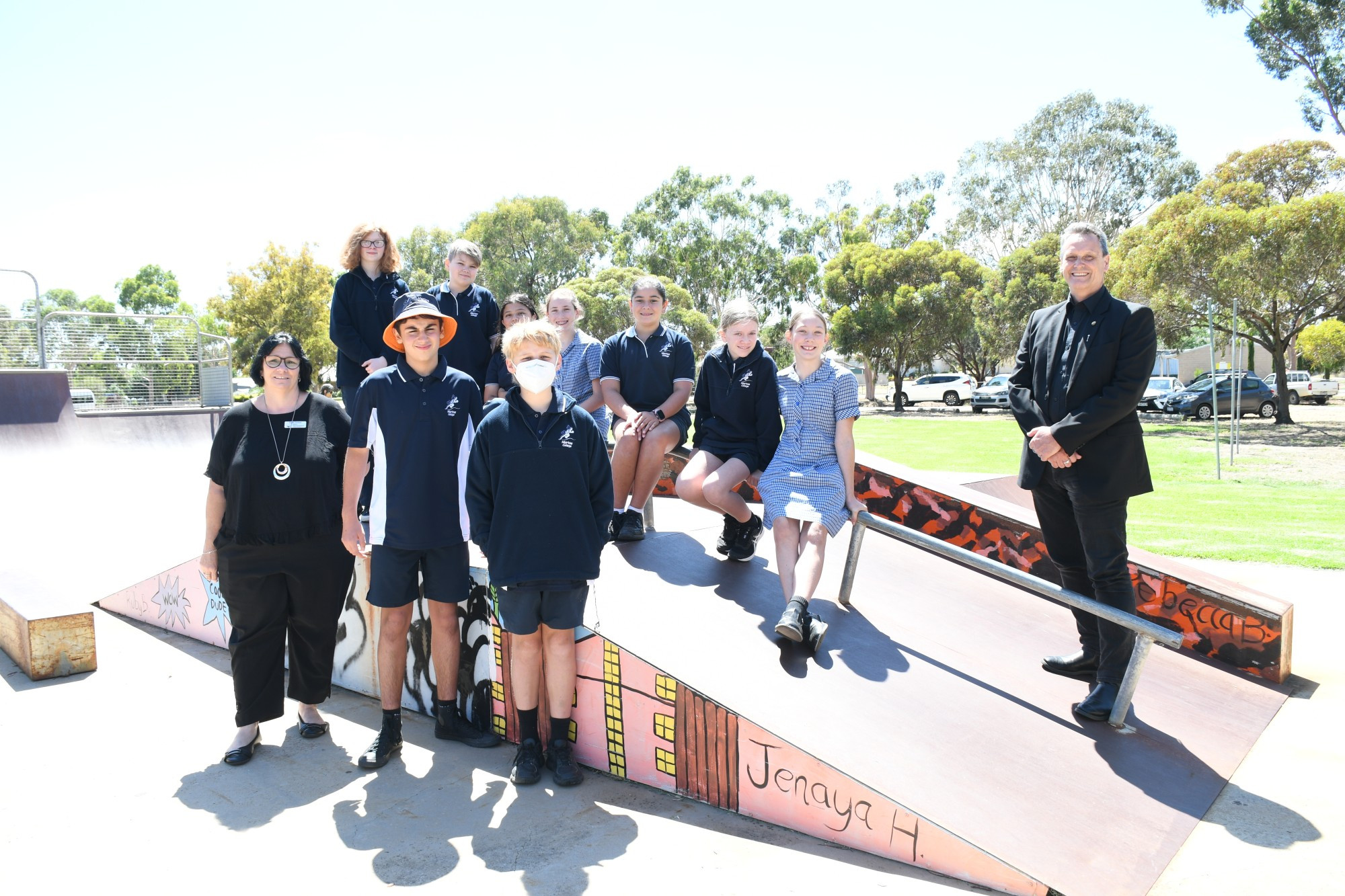 PARK HOPES: Yarriambiack Shire mayor Kylie Zanker gathers with Murtoa College Year 7 students and Western Victorian MP Andy Meddick at the Rabl Park skate precinct, which is set to receive an upgrade thanks to student and community campaigning. Photo: JESSIE GARTLAN.