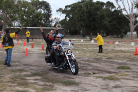 CHAPTER GAMES: Victorian Harley Owners Group Breakfree State Rally attendees take part in games on their bikes on Saturday afternoon. Photo: ABBY WALTER. 
