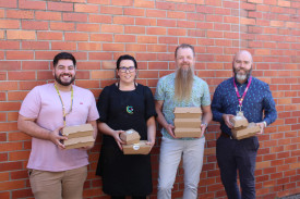 COLLABORATION: Uniting Wimmera team leader for disability Loucas Vettos, Laneway Cafe Without Borders social enterprise manager Jessica Koenig, Centre for Participation chief executive Robbie Millar and Uniting Wimmera chief executive Josh Koenig support the teams in rolling out the event. Photo: ABBY WALTER. 