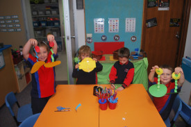 CREATIVE: Prep students Grace, Kodyn, Ruben, John are getting to work at Horsham Primary School 298 campus. Photo: SAN WILLIAMS.