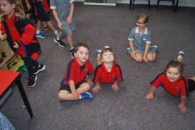 WEEK ONE: Prep students Callum, Freya, Jasmyn and Brooke are taking in their break at Horsham Primary School 298 campus. Photo: SAN WILLIAMS