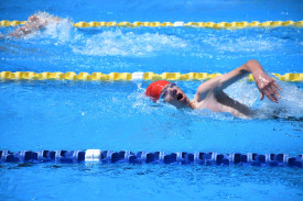 SWIMMING: Tadhg McGrath swims hard to finish second in the freestyle event for his age group. Photo: ABBY WALTER. 
