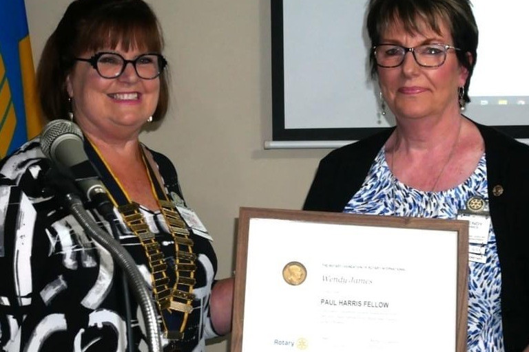 LONG TIME COMING: Rotary Club of Horsham East president Pam Clarke is proud to see the community work of Wendy James officially honoured. Photo: CONTRIBUTED.